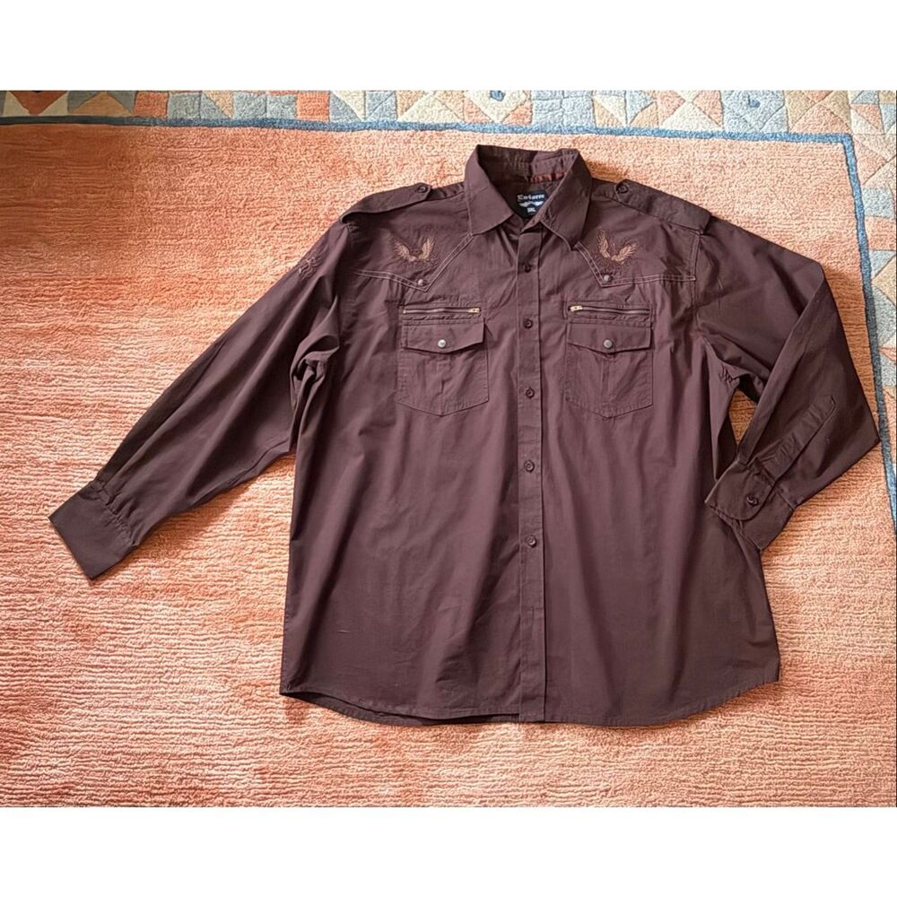 En4orce 3XL Brown Embroidered Western Shirt Cotton Button Up